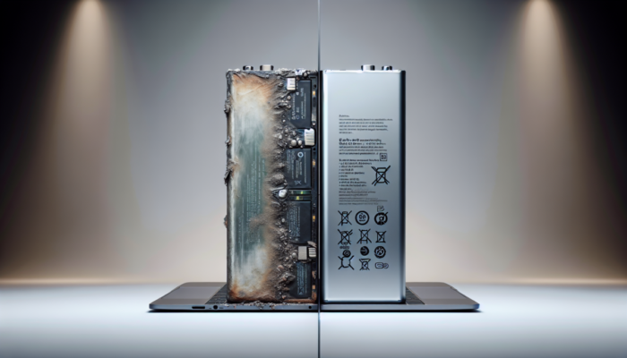 Zużyta bateria laptopa z widocznymi oznakami zużycia, obok nowej baterii, wskazuj?ca na potrzeb? wymiany.