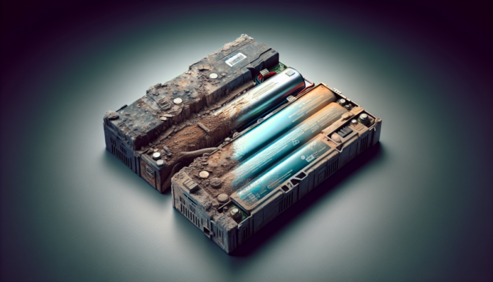 Zużyta bateria laptopa z widoczn? korozj? i wyblak?ymi etykietami obok nowej, żywej baterii.