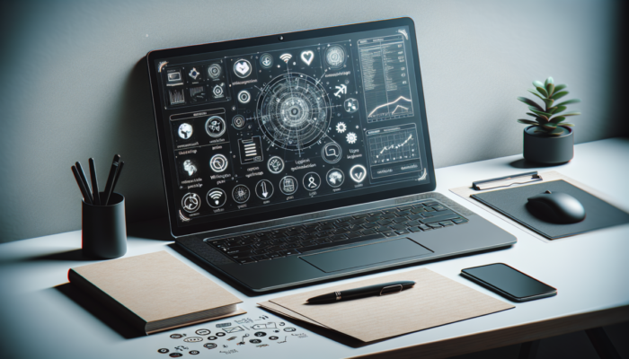 Nowy laptop na biurku, ekrany konfiguracji z ikonami instalacji oprogramowania, po??czenia Wi-Fi i tworzenia konta użytkownika, obok notatnik i d?ugopis.