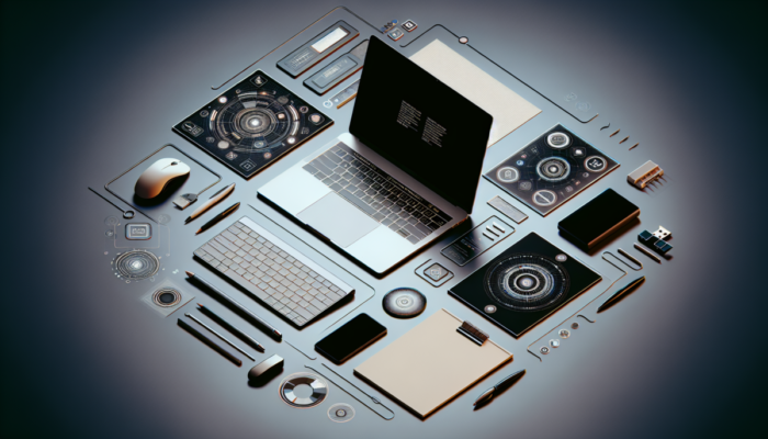 Nowy laptop na biurku, ekran konfiguracji, akcesoria: mysz, klawiatura, notatnik ze wskazówkami.