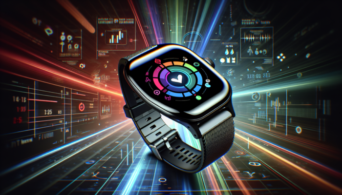 Nowoczesny smartwatch z wy?wietlaczem fitness i powiadomieniami na tle technologicznym z abstrakcyjnymi strumieniami danych.