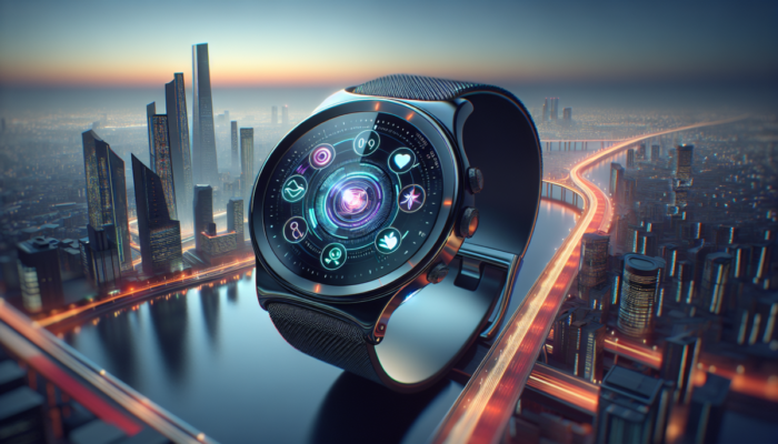 Nowoczesny smartwatch z nowymi funkcjami na ekranie dotykowym, na tle futurystycznego miasta o zmierzchu.