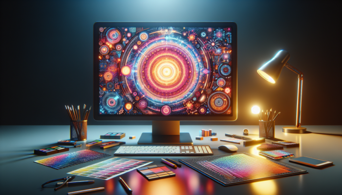Monitor komputerowy o wysokiej rozdzielczo?ci z narz?dziami graficznymi na nowoczesnym biurku.