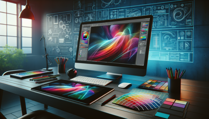 Monitor komputerowy o wysokiej rozdzielczo?ci z grafik?, specyfikacjami i narz?dziami grafika na nowoczesnym biurku.