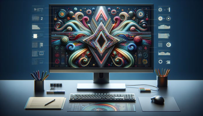 Monitor komputerowy z wy?wietlanymi grafikami i specyfikacjami na profesjonalnym biurku.