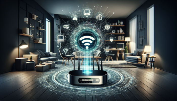 Nowoczesne wn?trze domu z zaawansowanym routerem i pod??czonymi urz?dzeniami smart, zapewniaj?cymi efektywn? sie?.