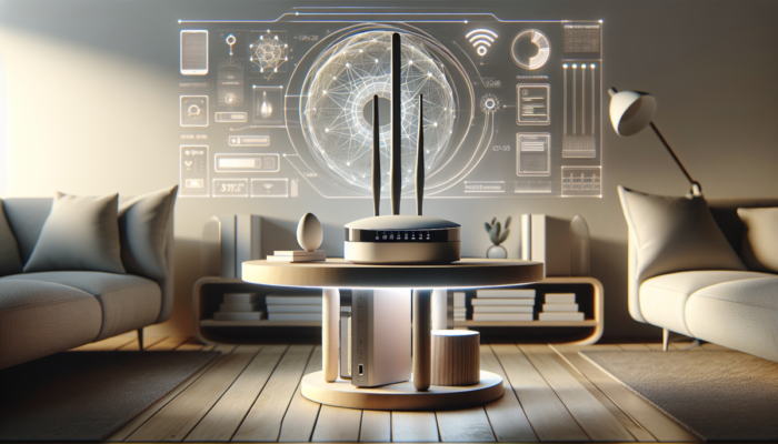 Nowoczesny salon z zaawansowanym routerem na drewnianym stole, otoczonym inteligentnymi urz?dzeniami domowymi.