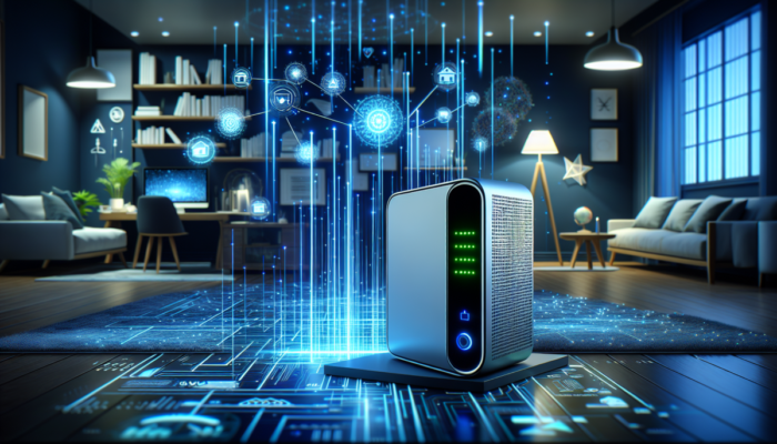 Nowoczesny router w domu, ??cz?cy urz?dzenia smart za pomoc? niebieskich i zielonych ?wiate?.