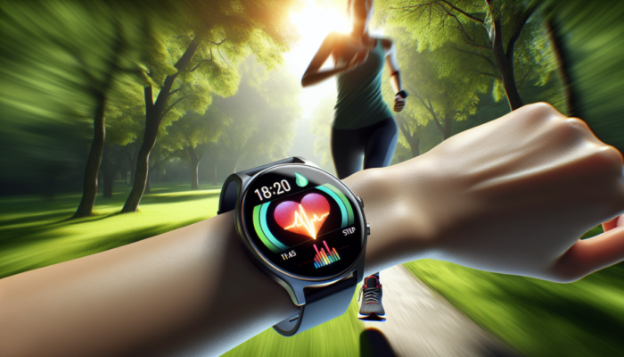 Smartwatch na nadgarstku osoby biegaj?cej w parku, wy?wietlaj?cy t?tno, kroki i spalone kalorie.