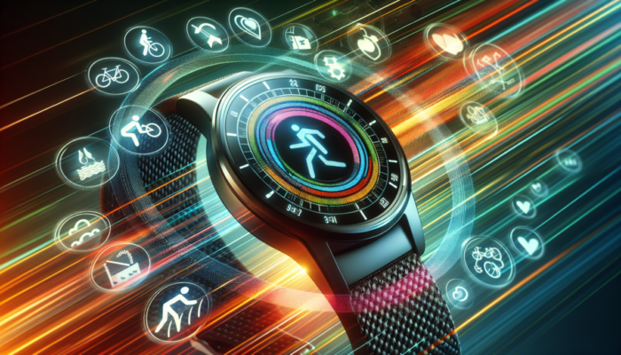 Smartwatch z funkcjami ?ledzenia fitness, otoczony ikonami aktywnego stylu życia, na energetycznym tle.