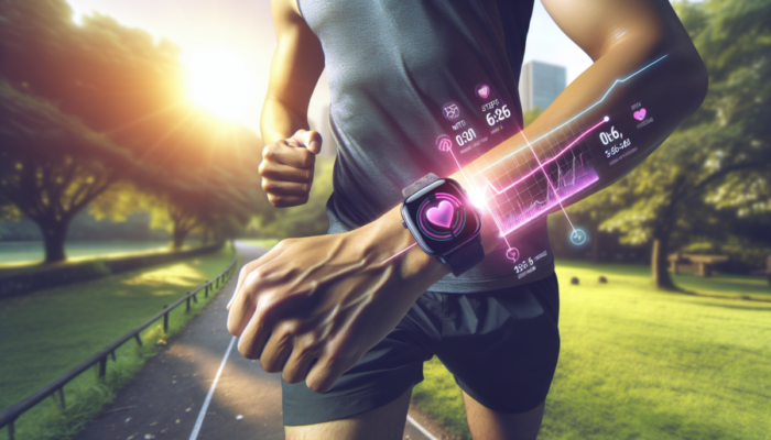 Smartwatch na nadgarstku osoby biegaj?cej w parku, wy?wietlaj?cy t?tno, kroki i tras? biegu.