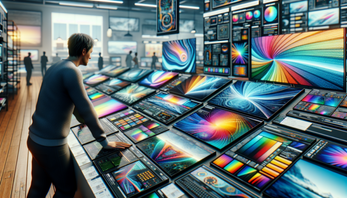 Osoba porównuj?ca różne ekrany laptopów i monitorów w sklepie z elektronik?, z widocznymi etykietami i specyfikacjami.