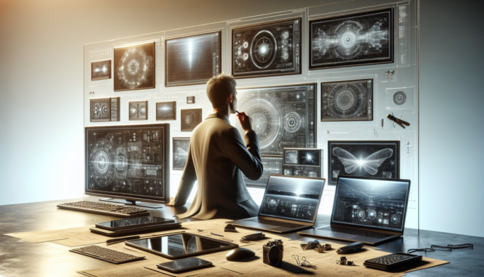 Osoba porównuj?ca ekrany laptopów i monitorów, skupiaj?c si? na typach matryc, z widocznymi etykietami i specyfikacjami technicznymi na nowoczesnym biurku.