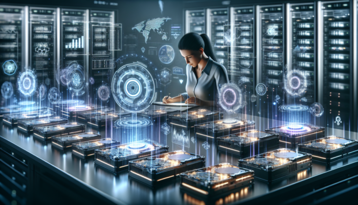 Dysk SSD, HDD i SSHD na stole w laboratorium technologicznym z hologramami i technikiem.