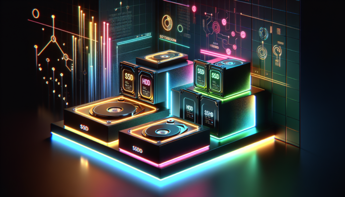 Dysk SSD, HDD i SSHD na wystawie w nowoczesnym sklepie technologicznym.