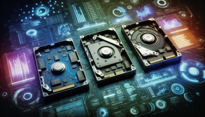 Porównanie dysków SSD, HDD i SSHD z wizualizacjami danych na nowoczesnym interfejsie.