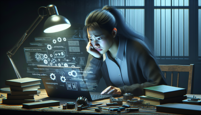 Użytkownik wpatruj?cy si? w laptop z czarnym ekranem, otoczony poradnikami i narz?dziami do rozwi?zywania problemów.