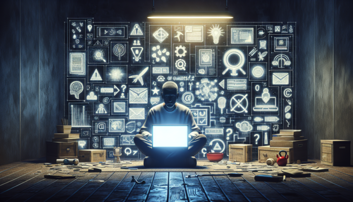 Sfrustrowany użytkownik przed laptopem z pustym ekranem, otoczony poradnikami i narz?dziami do rozwi?zywania problemów w s?abo o?wietlonym pokoju.