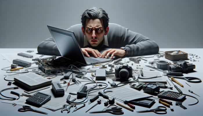 Sfrustrowany użytkownik próbuje naprawi? laptopa z czarnym ekranem, otoczony narz?dziami i instrukcjami.