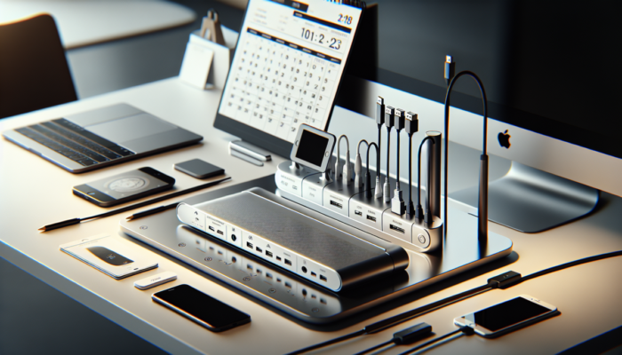 Stacja dokuj?ca z wieloma portami i kablami, pod??czona do laptopa i urz?dze? na nowoczesnym biurku z kalendarzem.