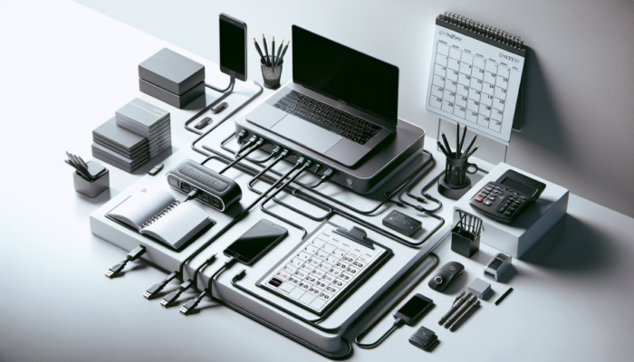 Stacja dokuj?ca na biurku z laptopem i urz?dzeniami, kalendarz z dat? zakupów.