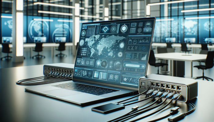 Stacja dokuj?ca z wieloma portami i kablami, pod??czona do laptopa, ulepszaj?ca nowoczesne miejsce pracy.