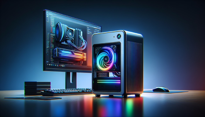 Mini komputer z zaawansowanym ch?odzeniem, RGB o?wietleniem i nowoczesnym designem na minimalistycznym biurku z monitorem.