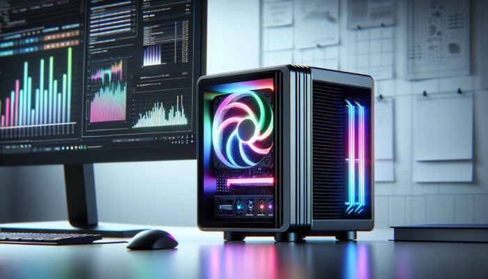 Mini komputer z zaawansowanym ch?odzeniem, RGB o?wietleniem, na minimalistycznym biurku z dużym monitorem.