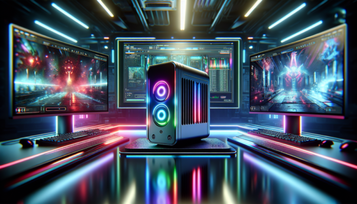 Mini komputer do gier z efektownym o?wietleniem RGB na nowoczesnym biurku.
