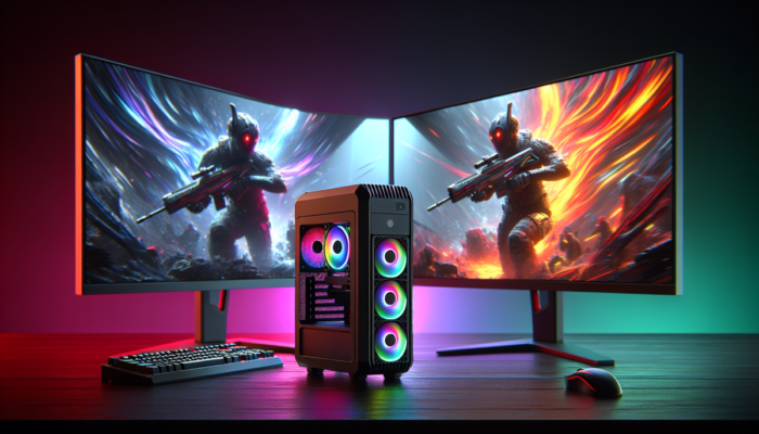 Mini komputer do gier z efektownym o?wietleniem RGB, otoczony monitorami wy?wietlaj?cymi dynamiczne sceny z gier.