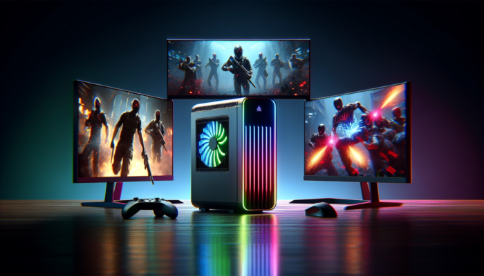 Mini komputer do gier z efektownym o?wietleniem RGB na nowoczesnym biurku.