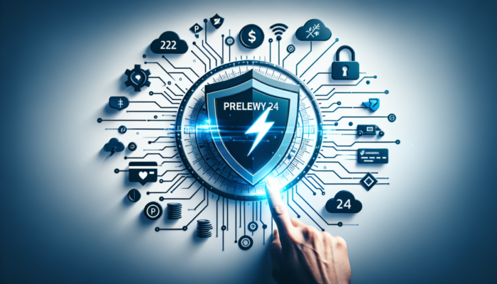 Interfejs p?atno?ci online Przelewy24 z logo, bankami, symbolem tarczy i b?yskawicy.