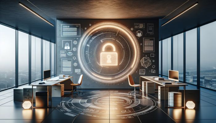 Nowoczesne biuro z dużym ekranem wy?wietlaj?cym Ustaw? o Ochronie Danych Osobowych, otoczone dokumentami prawnymi i ikonami prywatno?ci.