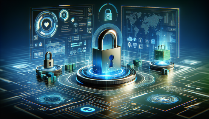 Nowoczesne technologie zabezpieczaj?ce dane, nowoczesny design, cyfrowe zamki, symbole szyfrowania, żywe odcienie niebieskiego i zielonego, futurystyczny interfejs, abstrakcyjne przedstawienie ochrony danych.