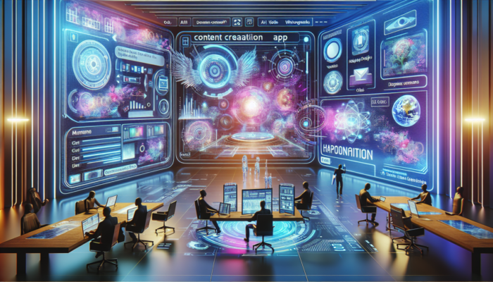 Nowoczesny interfejs najlepszych aplikacji do tworzenia tre?ci w 2025 roku z holograficznymi wy?wietlaczami i zaawansowanymi narz?dziami AI.