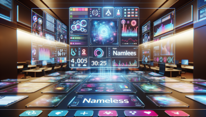 Futurystyczny interfejs z najlepszymi aplikacjami do tworzenia tre?ci w 2025 roku, holograficzne ekrany, nowoczesne elementy.