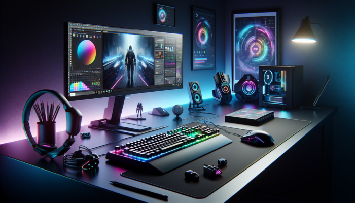 Akcesoria do gier na komputerze: ergonomiczna klawiatura, konfigurowalna mysz, immersyjne s?uchawki i żywe o?wietlenie RGB na nowoczesnym biurku.