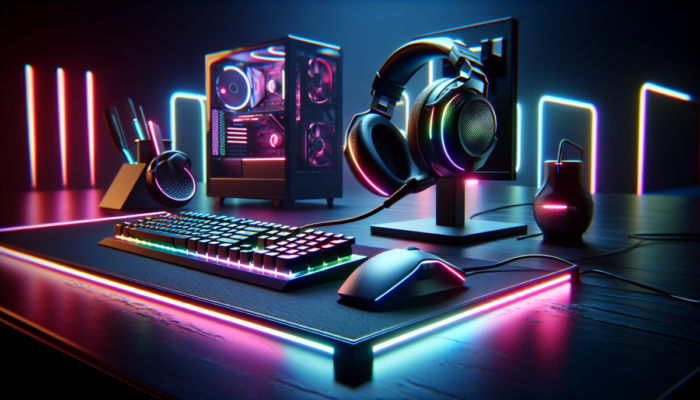 Akcesoria gamingowe na biurku: ergonomiczna mysz, klawiatura mechaniczna, s?uchawki i o?wietlenie RGB.