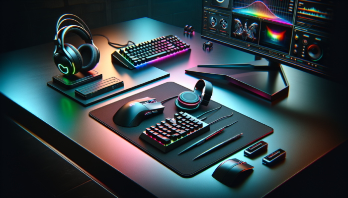 Akcesoria gamingowe na biurku: ergonomiczna mysz, klawiatura mechaniczna, s?uchawki i RGB o?wietlenie.