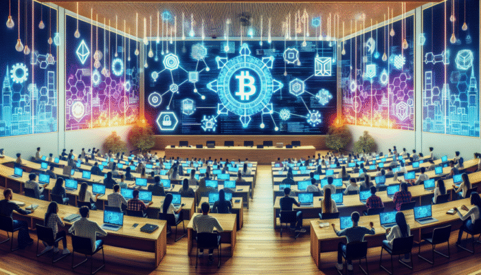 Sala wyk?adowa pe?na studentów na warsztatach technologii blockchain, ekrany cyfrowe, wspó?praca z profesjonalistami na hackathonie.