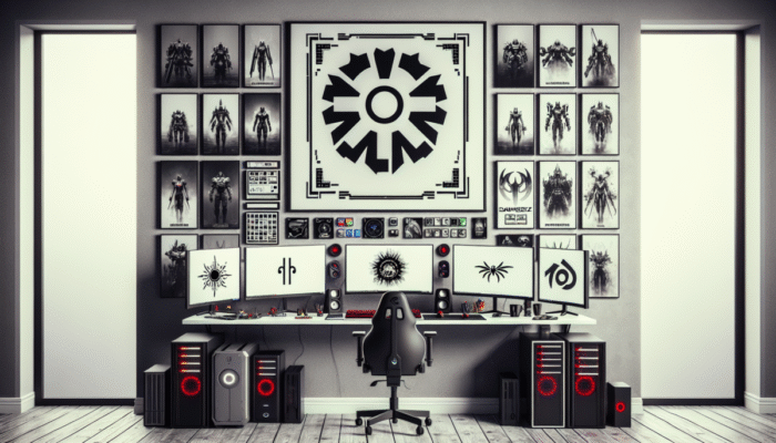 Zestaw gracza z wieloma ekranami, wy?wietlaj?cymi "Cyberpunk 2077" i "The Witcher 3", logo Windows, otoczony akcesoriami gamingowymi i plakatami gier.