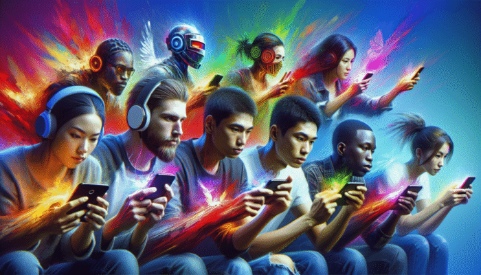 Grupa polskich graczy mobilnych skupionych na urz?dzeniach Android, graj?cych w PUBG Mobile i Genshin Impact, z widocznymi aplikacjami do streamingu gier.