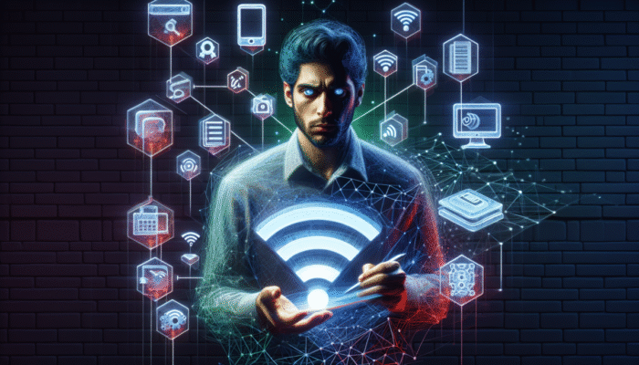 Osoba rozwi?zuj?ca problemy z Wi-Fi, otoczona urz?dzeniami i schematem sieci, z list? rozwi?za?.