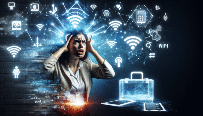 Sfrustrowana osoba otoczona symbolami Wi-Fi, z narz?dziami i list? rozwi?za? problemów z sieci?.