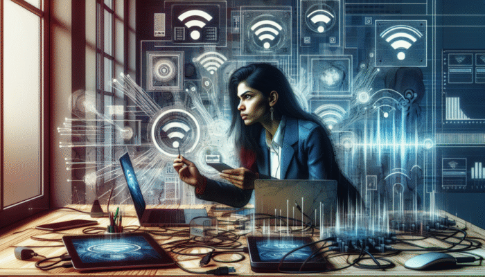 Osoba rozwi?zuj?ca problemy z Wi-Fi, otoczona urz?dzeniami i kablami, w nowoczesnym, technologicznym pokoju.