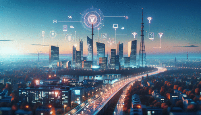 Futurystyczny krajobraz polskiego miasta o zmierzchu, z wieżami 5G umożliwiaj?cymi zarz?dzanie ruchem i o?wietleniem przez urz?dzenia IoT.