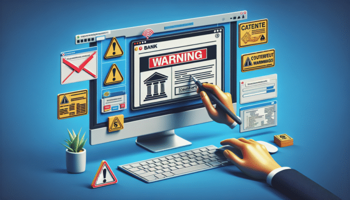 Realistyczna ilustracja cyfrowa e-maila phishingowego na ekranie komputera z ostrzeżeniami i fa?szywym logo banku, użytkownik ostrożnie analizuje podejrzane elementy.