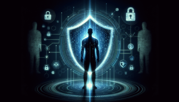 Tarcza cyfrowa chroni?ca sylwetk? osoby, otoczona has?ami i ikonami dwuetapowej weryfikacji, przed cyberprzest?pcami.