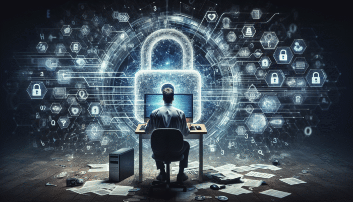 Osoba zmieniaj?ca has?o na ekranie komputera, otoczona cyfrowym zamkiem i unikalnymi symbolami, podkre?laj?c ważno?? regularnej zmiany hase? dla bezpiecze?stwa online.