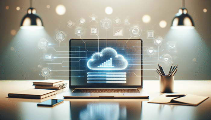 Laptop z paskiem post?pu i ikonami chmur na nowoczesnym biurku, mi?kkie o?wietlenie.